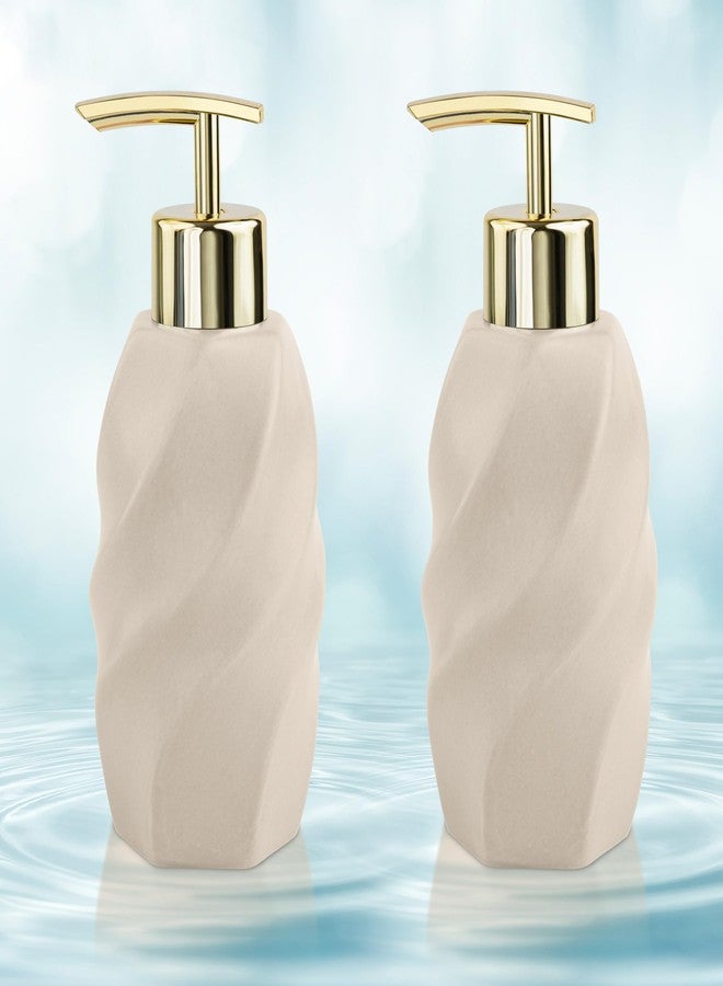 Birch & Co. موزع صابون سيراميك من بيرش آند كو. لحوض الغسيل - زجاجة موزع غسول اليدين - تصميم مانع للتسرب مع مضخة فضية لامعة خالية من مادة BPA، عصري، بيج، عبوة من قطعتين، موزع صابون_طقم عصري_بيج - Image 1
